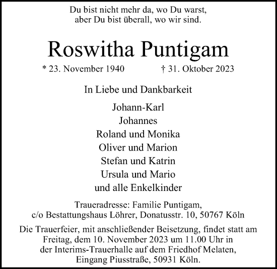 Anzeige von Roswitha Puntigam von Kölner Stadt-Anzeiger / Kölnische Rundschau / Express