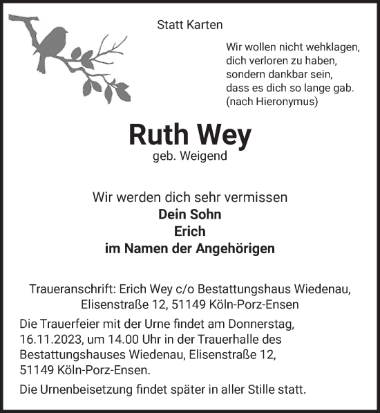 Anzeige von Ruth Wey von  EXPRESS - Die Woche 