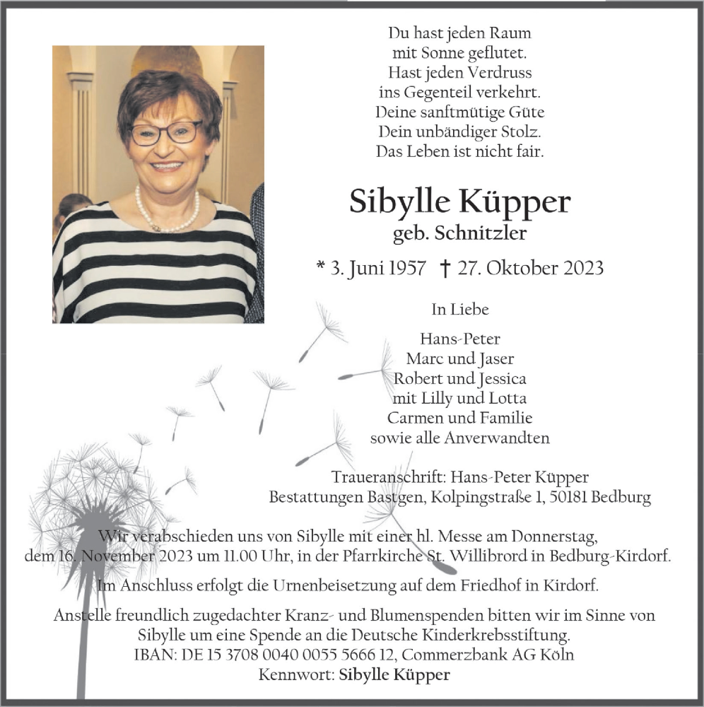  Traueranzeige für Sibylle Küpper vom 10.11.2023 aus  Werbepost 
