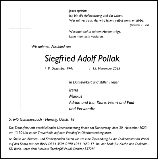 Anzeige von Siegfried Adolf Pollok von  Anzeigen Echo 
