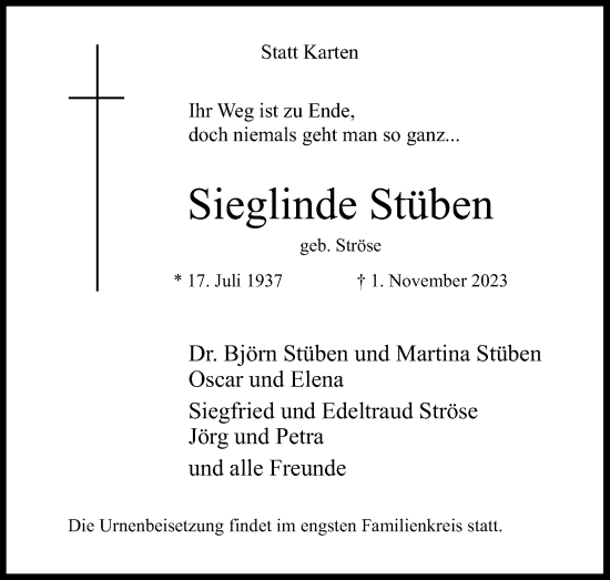 Anzeige von Sieglinde Stüben von Kölner Stadt-Anzeiger / Kölnische Rundschau / Express