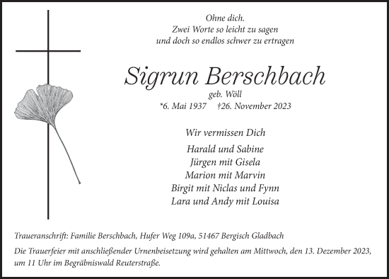 Anzeige von Sigrun Berschbach von  Bergisches Handelsblatt 
