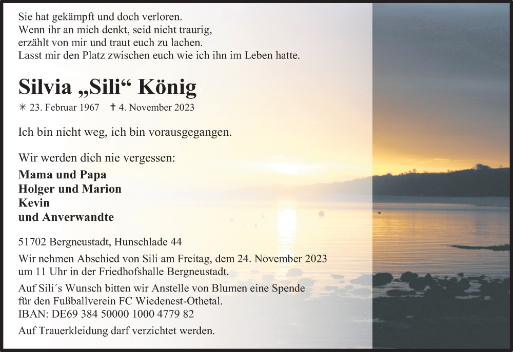  Traueranzeige für Silvia König vom 11.11.2023 aus Kölner Stadt-Anzeiger / Kölnische Rundschau / Express