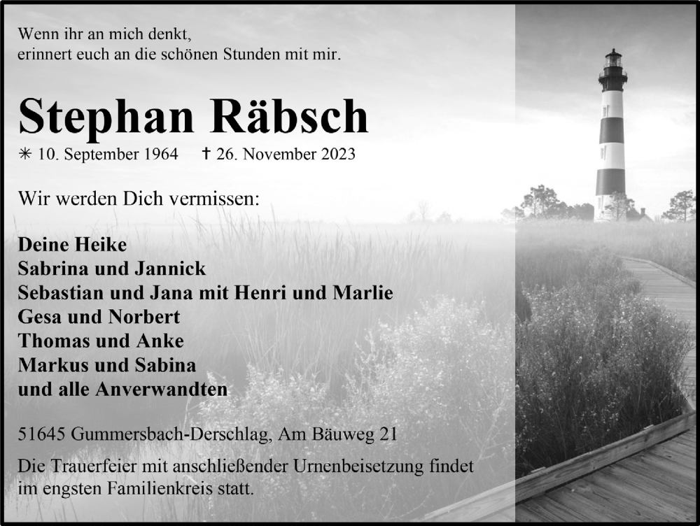  Traueranzeige für Stephan Räbsch vom 01.12.2023 aus  Anzeigen Echo 