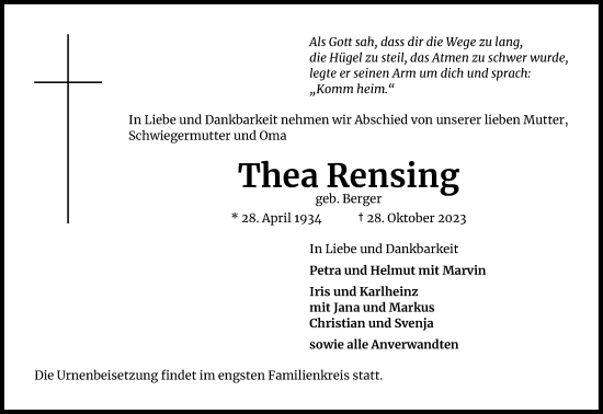 Anzeige von Thea Rensing von Kölner Stadt-Anzeiger / Kölnische Rundschau / Express