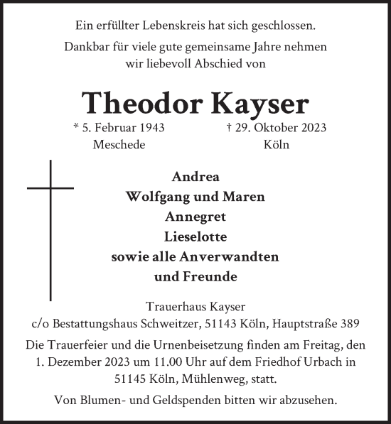 Anzeige von Theodor Kayser von  EXPRESS - Die Woche 