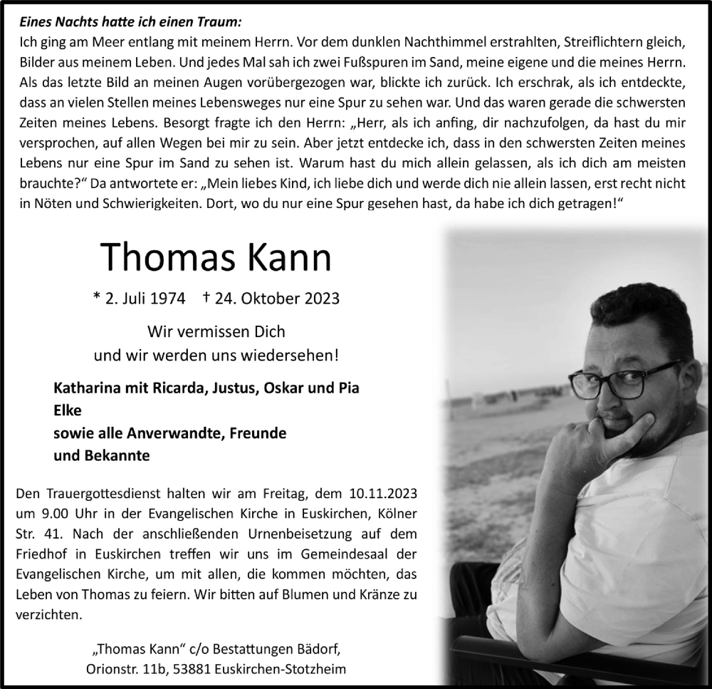  Traueranzeige für Thomas Kann vom 04.11.2023 aus  Blickpunkt Euskirchen 