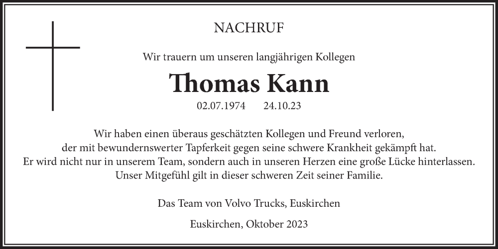  Traueranzeige für Thomas Kann vom 04.11.2023 aus  Blickpunkt Euskirchen 