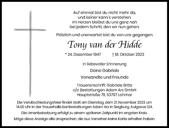 Anzeige von Tony van der Hidde von Kölner Stadt-Anzeiger / Kölnische Rundschau / Express