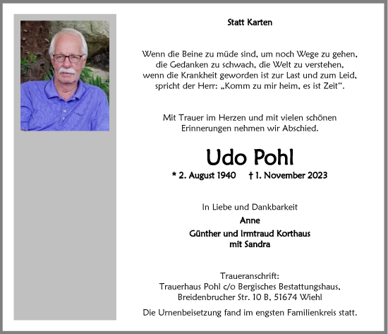 Anzeige von Udo Pohl von  Anzeigen Echo 