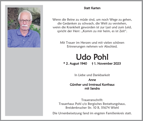 Anzeige von Udo Pohl von Kölner Stadt-Anzeiger / Kölnische Rundschau / Express