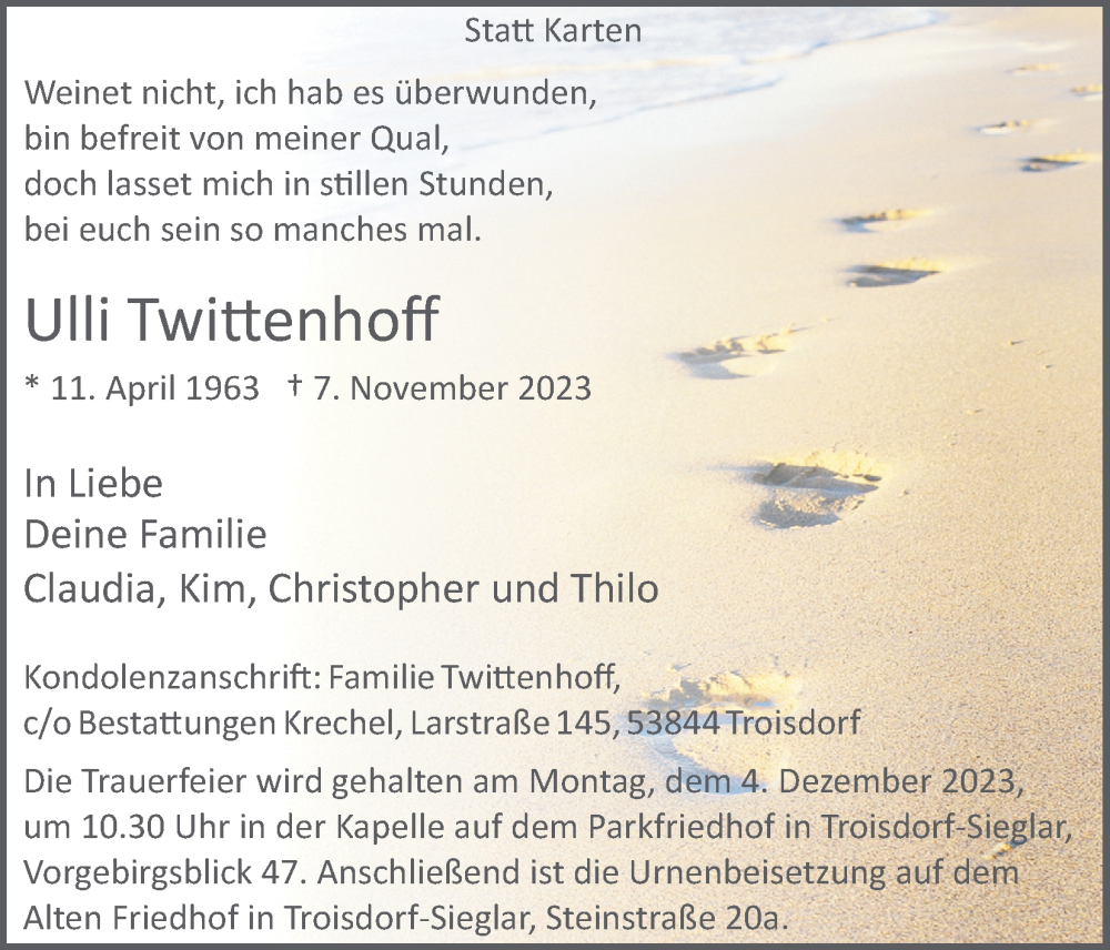  Traueranzeige für Ulli Twittenhoff vom 11.11.2023 aus Kölner Stadt-Anzeiger / Kölnische Rundschau / Express