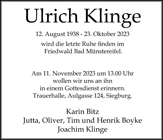 Anzeige von Ulrich Klinge von Kölner Stadt-Anzeiger / Kölnische Rundschau / Express