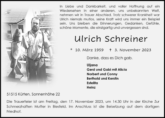Anzeige von Ulrich Schreiner von  Bergisches Handelsblatt 