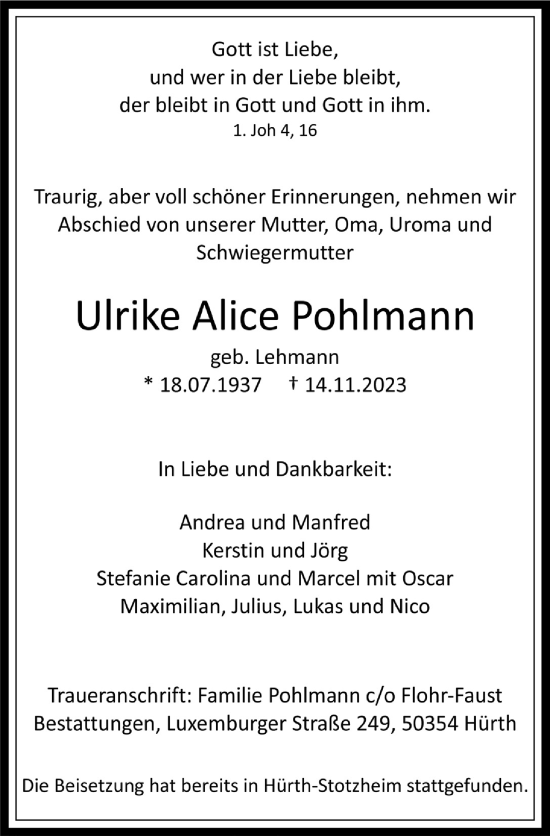 Anzeige von Ulrike Alice Pohlmann von  Wochenende 