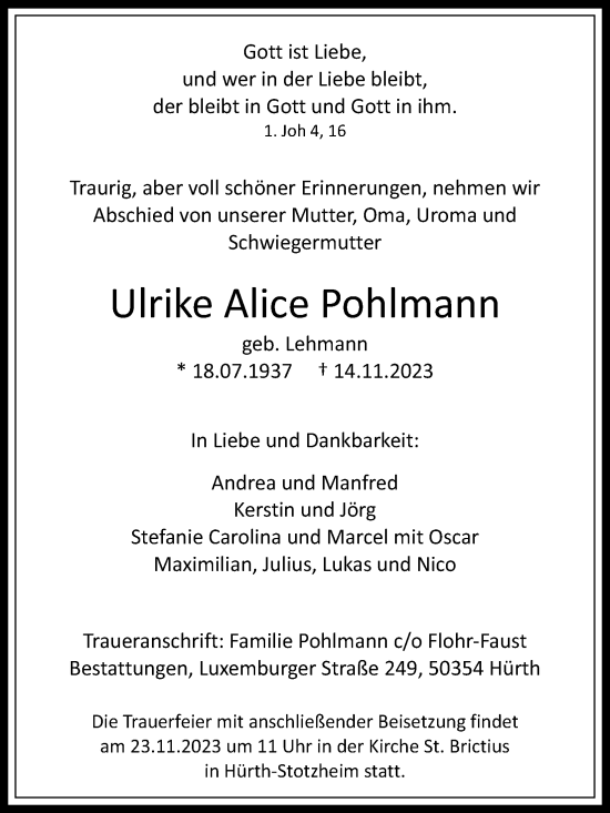 Anzeige von Ulrike Alice Pohlmann von Kölner Stadt-Anzeiger / Kölnische Rundschau / Express