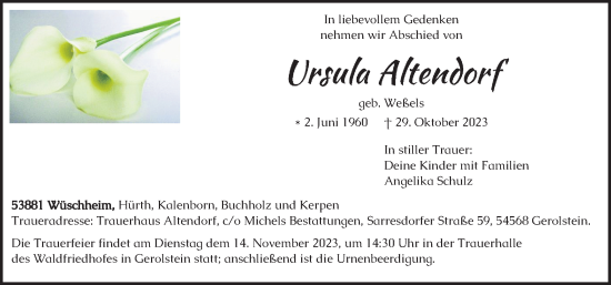 Anzeige von Ursula Altendorf von Kölner Stadt-Anzeiger / Kölnische Rundschau / Express