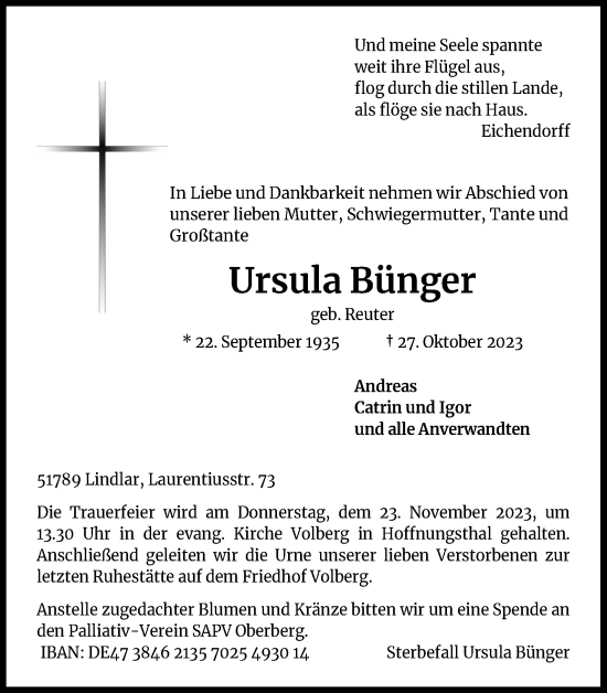 Anzeige von Ursula Bünger von Kölner Stadt-Anzeiger / Kölnische Rundschau / Express