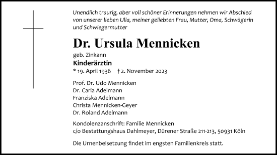 Anzeige von Ursula Mennicken von Kölner Stadt-Anzeiger / Kölnische Rundschau / Express