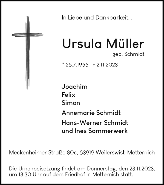 Anzeige von Ursula Müller von Kölner Stadt-Anzeiger / Kölnische Rundschau / Express