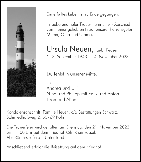 Anzeige von Ursula Neuen von Kölner Stadt-Anzeiger / Kölnische Rundschau / Express