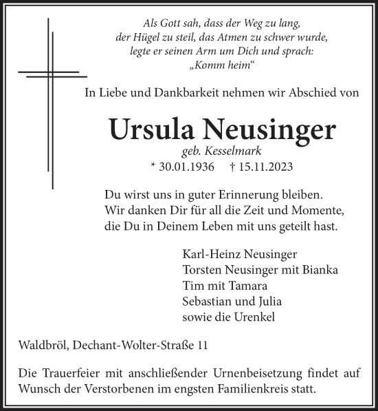 Anzeige von Ursula Neusinger von  Lokalanzeiger 