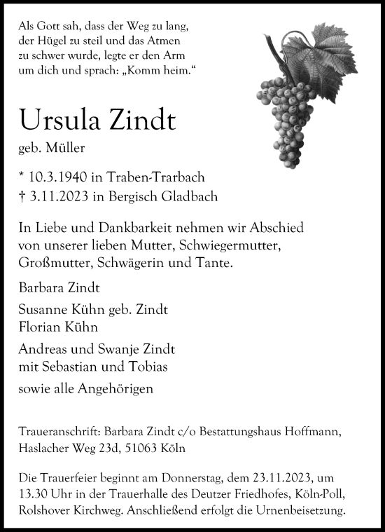 Anzeige von Ursula Zindt von Kölner Stadt-Anzeiger / Kölnische Rundschau / Express