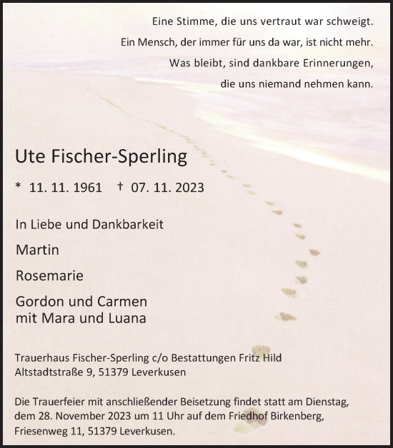 Anzeige von Ute Fischer-Sperling von Kölner Stadt-Anzeiger / Kölnische Rundschau / Express