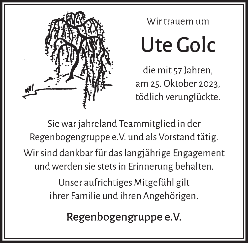  Traueranzeige für Ute Golc vom 10.11.2023 aus  Werbepost 