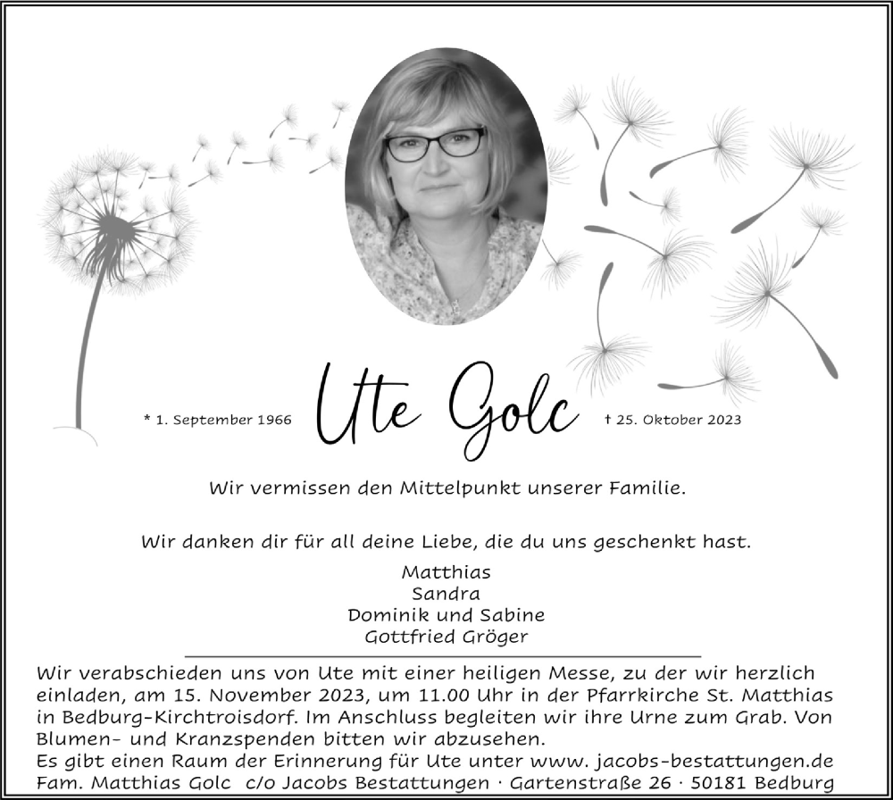  Traueranzeige für Ute Golc vom 03.11.2023 aus  Werbepost 