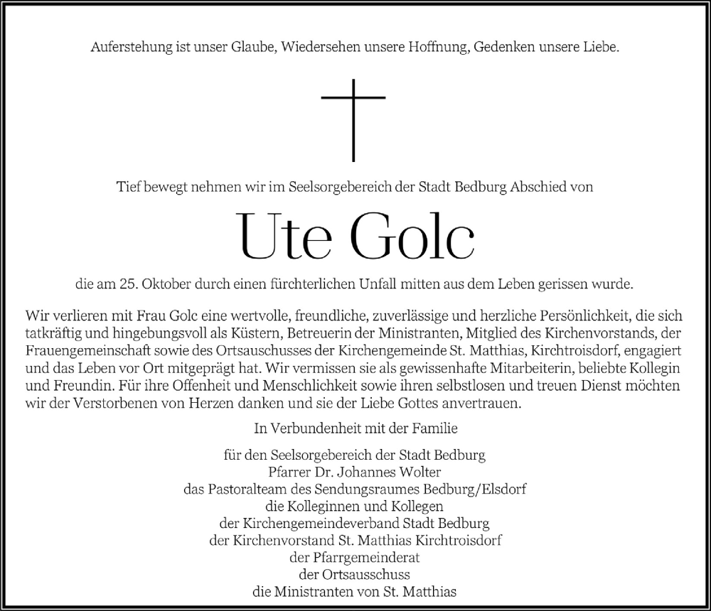  Traueranzeige für Ute Golc vom 03.11.2023 aus  Werbepost 
