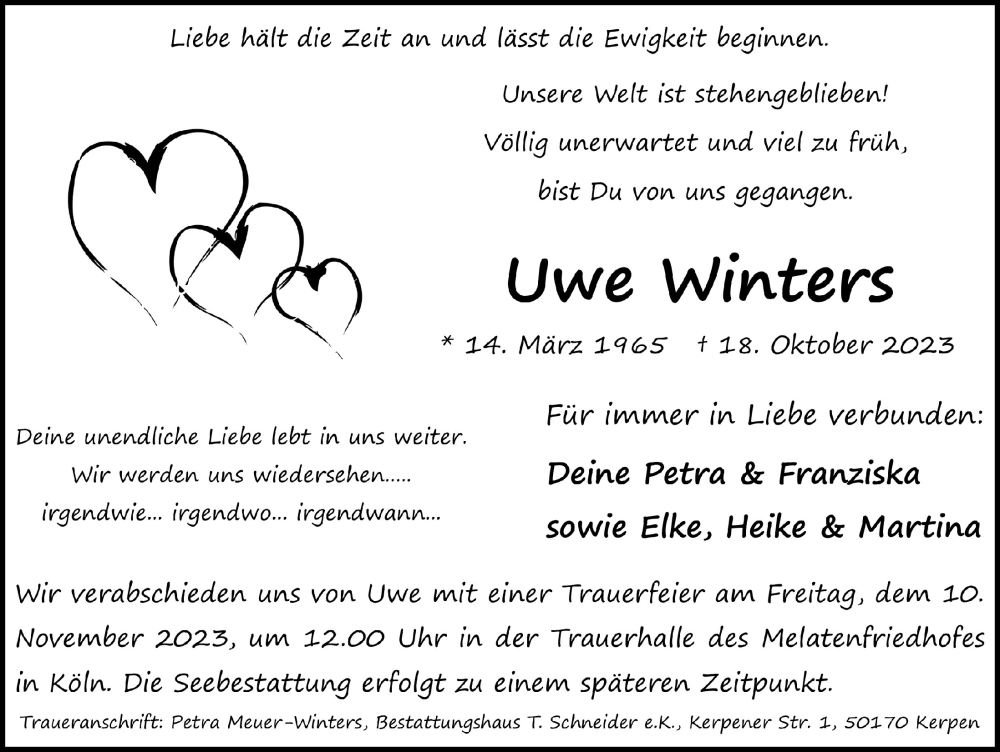  Traueranzeige für Uwe Winters vom 03.11.2023 aus  Werbepost 