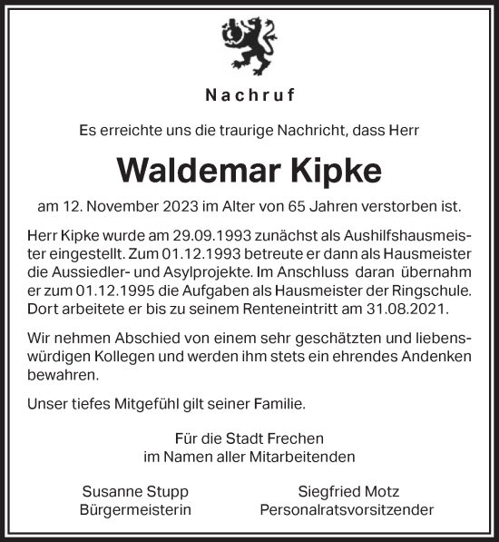 Anzeige von Waldemar Kipke von  Wochenende 