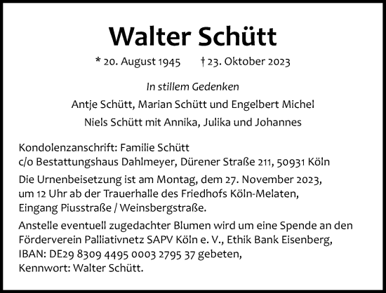 Anzeige von Walter Schütt von Kölner Stadt-Anzeiger / Kölnische Rundschau / Express