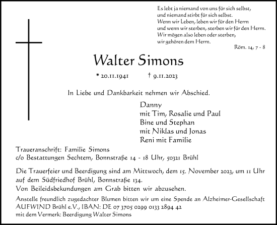 Anzeige von Walter Simons von Kölner Stadt-Anzeiger / Kölnische Rundschau / Express