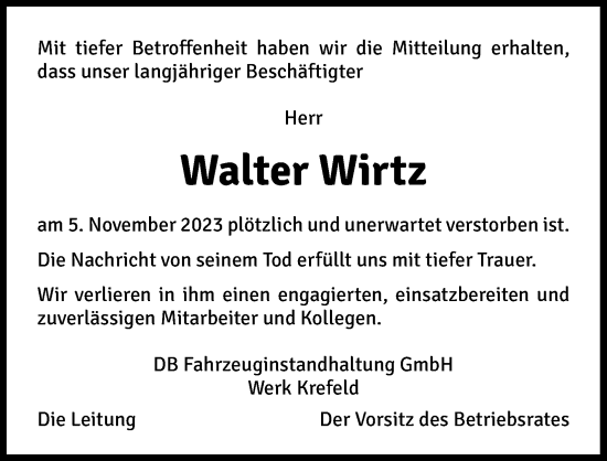 Anzeige von Walter Wirtz von Kölner Stadt-Anzeiger / Kölnische Rundschau / Express