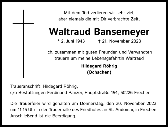 Anzeige von Waltraud Bansemeyer von Kölner Stadt-Anzeiger / Kölnische Rundschau / Express