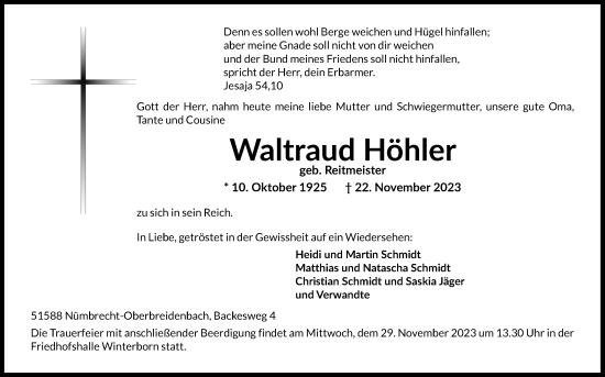 Anzeige von Waltraud Höhler von Kölner Stadt-Anzeiger / Kölnische Rundschau / Express