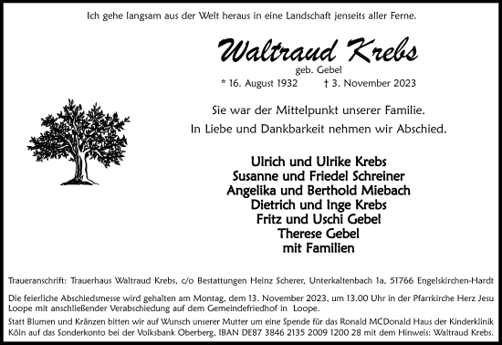 Anzeige von Waltraud Krebs von Kölner Stadt-Anzeiger / Kölnische Rundschau / Express