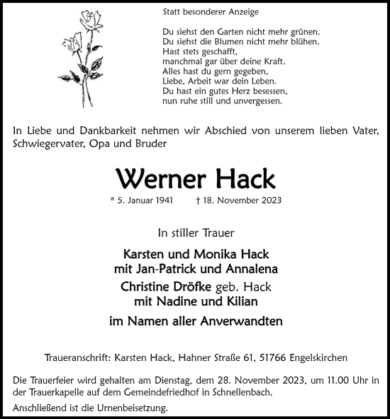 Anzeige von Werner Hack von  Anzeigen Echo 