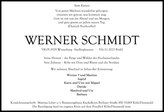 Anzeige von Werner Schmidt von Kölner Stadt-Anzeiger / Kölnische Rundschau / Express