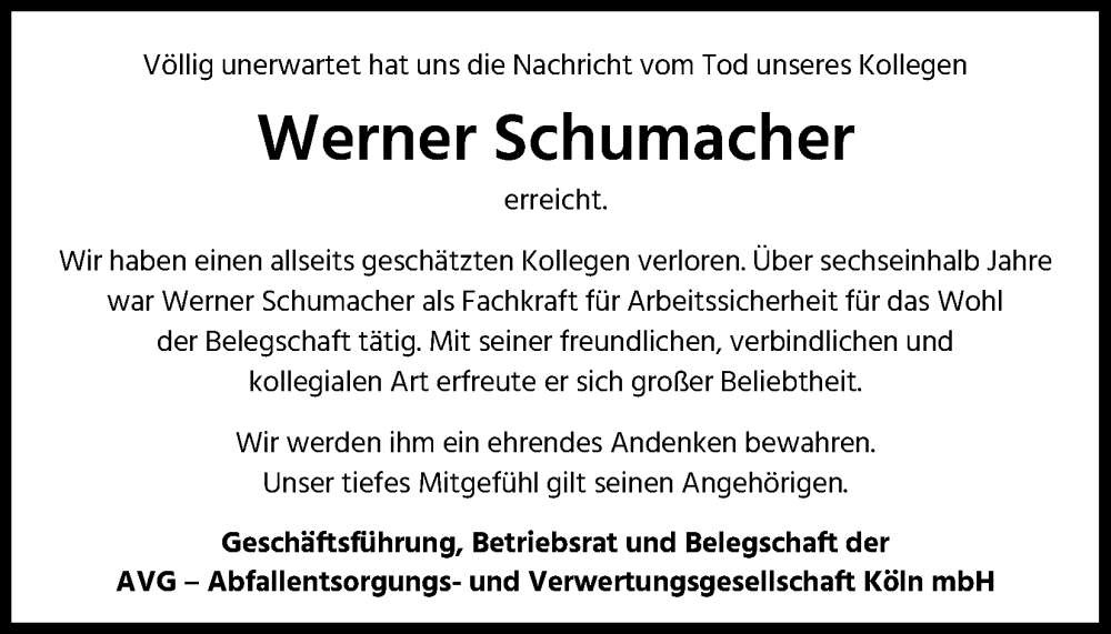  Traueranzeige für Werner Schumacher vom 25.11.2023 aus Kölner Stadt-Anzeiger / Kölnische Rundschau / Express