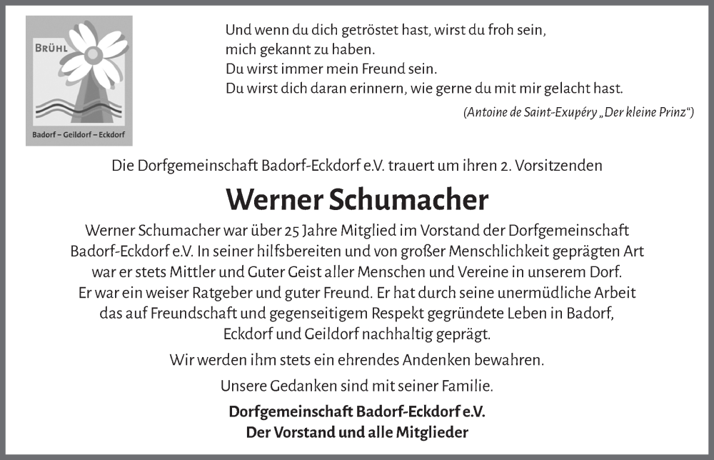  Traueranzeige für Werner Schumacher vom 24.11.2023 aus  Schlossbote/Werbekurier 