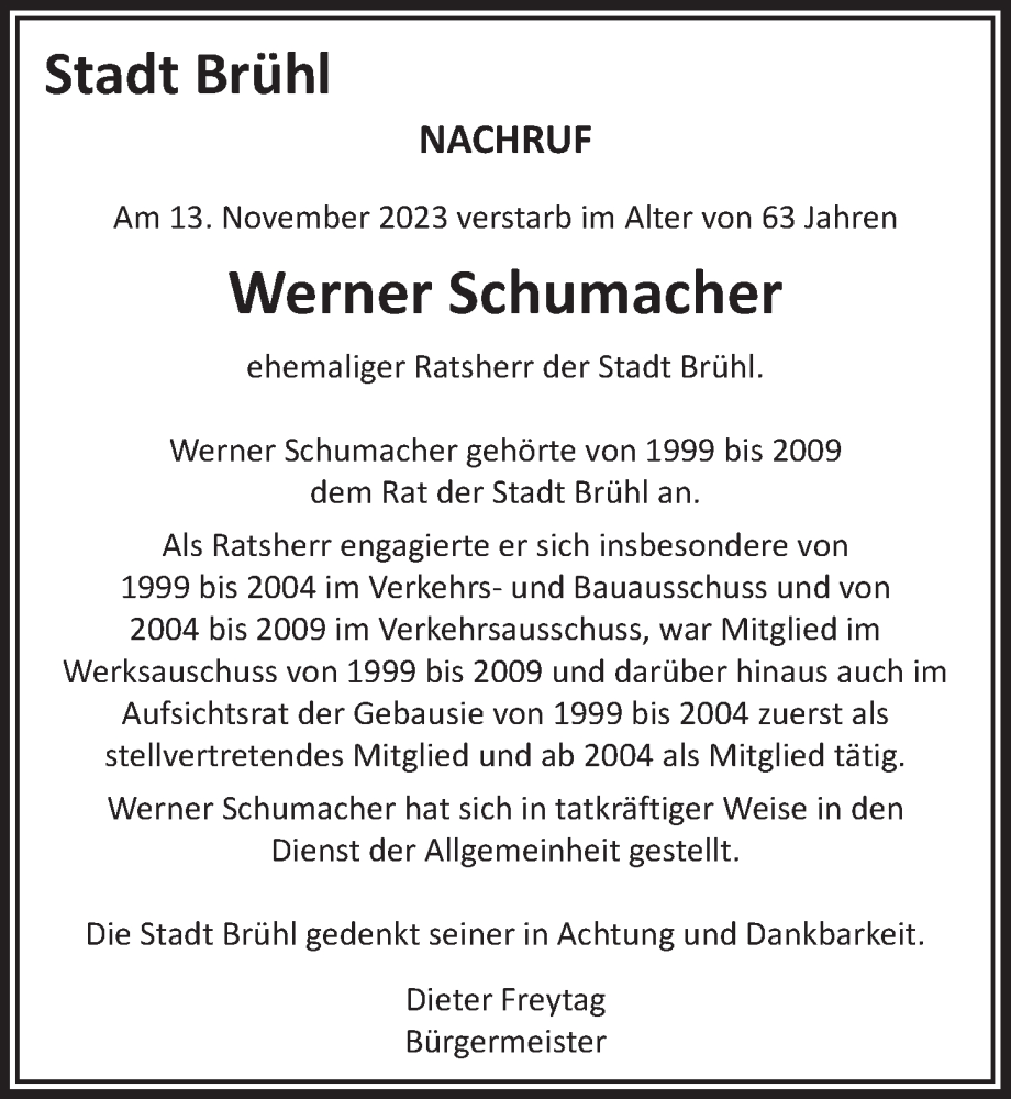  Traueranzeige für Werner Schumacher vom 24.11.2023 aus  Schlossbote/Werbekurier 