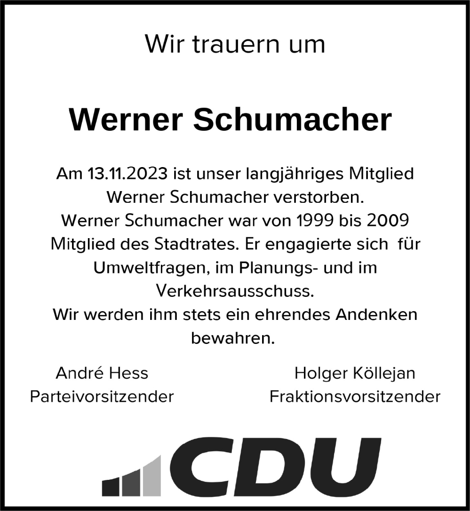  Traueranzeige für Werner Schumacher vom 24.11.2023 aus  Schlossbote/Werbekurier 