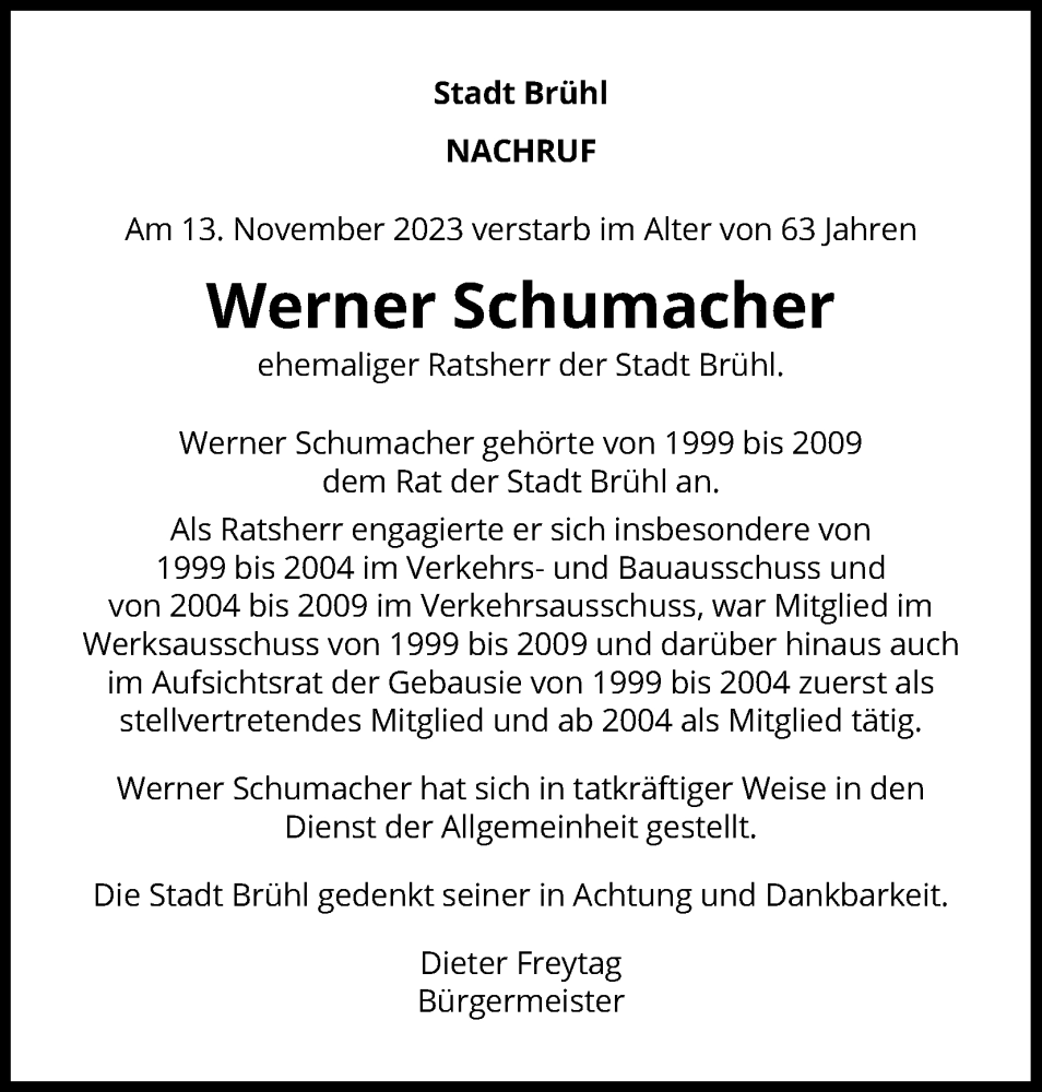  Traueranzeige für Werner Schumacher vom 25.11.2023 aus Kölner Stadt-Anzeiger / Kölnische Rundschau / Express