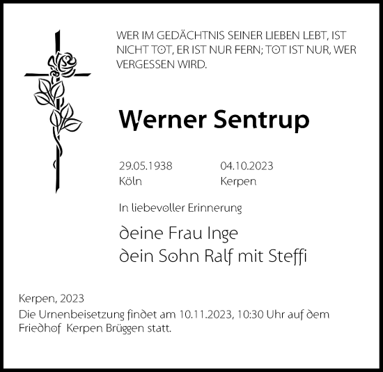 Anzeige von Werner Sentrup von Kölner Stadt-Anzeiger / Kölnische Rundschau / Express