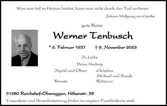 Anzeige von Werner Tenbusch von Kölner Stadt-Anzeiger / Kölnische Rundschau / Express
