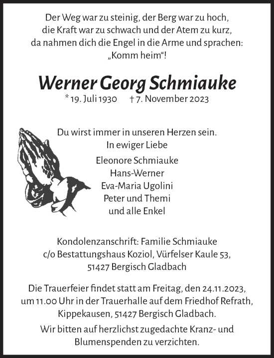 Anzeige von Werner Georg Schmiauke von  Bergisches Handelsblatt 