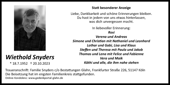 Anzeige von Wiethold Snyders von Kölner Stadt-Anzeiger / Kölnische Rundschau / Express
